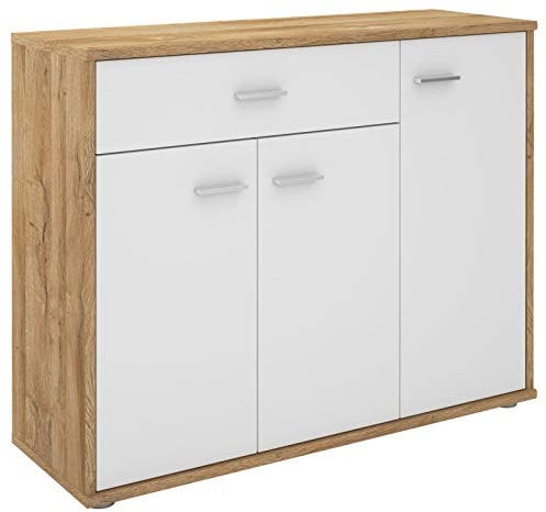 IDIMEX Buffet Salle à Manger CORLAINE L 88 cm Coloris chêne Sauvage et Blanc avec 1 tiroir et 3 Portes, bahut Bas, Meuble de Rangement Style Moderne, 88 x 70 x 30 cm