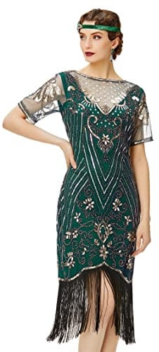 Coucoland 1920s Kleid Damen Kurz Fransen Ärmel Rund Ausschnitt Flapper Kleid 20er Jahre Paillettenkleider Great Gatsby Cocktail Party Damen Fasching Kostüm Kleid (Grün Gold, S)