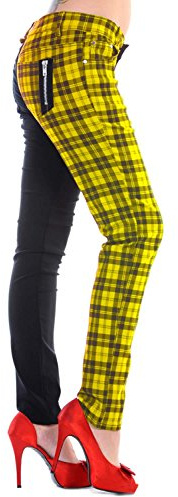 Banned Tartan Karo Emo Punk Geteilte Beine Yellow Enge Hose Für Damen (Gelb, 2XL - 44)