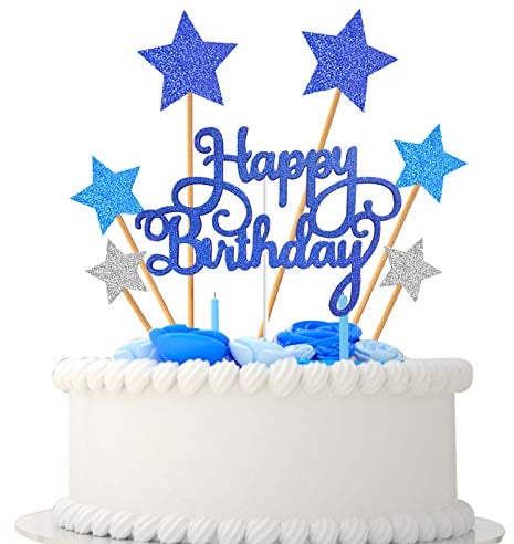 VAINECHAY Party Kuchen Dekoration Supplies Cake Topper Happy Birthday Girlande Tortendeko Geburtstag Mädchen Junge Cupcake Toppers Star, Blau Silber