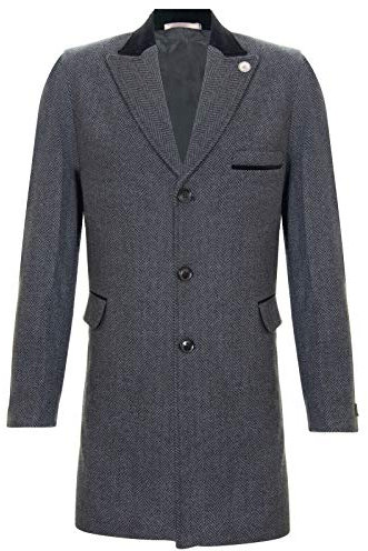 Tru Clothing Mens 3/4 Long Charcoal Warm Winter Crombie Business Overcoat Jacket Herringbone Tweed Coat 40