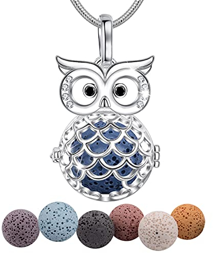 INFUSEU Aromatherapie Kette Aroma Diffuser, Versilbert Groß Auge Eule Medaillon Anhänger Duftstein Meditationskette Damen Schmuck mit 24 Kette & 7 wiederverwendbaren Lava Perlen