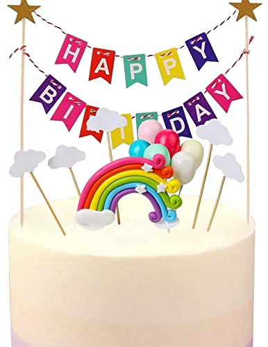 Rainbow Cake Topper Cloud Cake Decorations Happy Birthday Banner Cake Topper and Mix Color Star Cake Toppers for Kids Cake Decorations Baby Shower Birthday Party Supplies