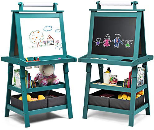 RELAX4LIFE 3 IN 1 Lavagna per Bambini, Cavalletto Pittura a Doppia Faccia, Lavagna Magnetica con Rotolo di Carta, Giocattolo Educativo 3+ Anni (Blu)