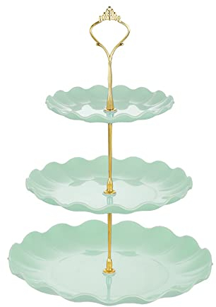 yufana Soporte de Plastico para Tartas con 3 Niveles, frutero redondo para pastel, Soporte de la Torta Con mango dorado, Porta-refrigerios desmontable, para Boda, Cumpleaños,Fiesta (verde Redondo)