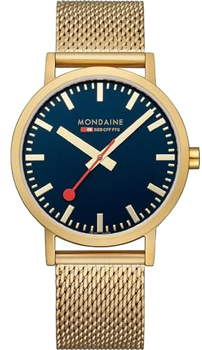 Mondaine Classic Herren Armbanduhr aus Edelstahl in der Farbe Gold-Blau 40mm, Wasserdichtigkeit: 3Bar, A660.30360.40SBM