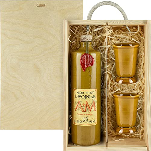 AM Met Dwójniak-Halber (Keramik) Geschenkset in einer leichten Holzbox mit Keramikbechern | 750ml | 16% Alkohol Metwein | Polnische Produktion