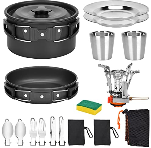 Queta Kit d'ustensiles de Cuisine de Camping, 17 pièces, kit d'ustensiles de Cuisine, casserole de Pique - Nique pour 2-3 Personnes, Camping, extérieur, randonnée, Pique