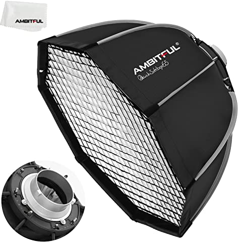 AMBITFUL Softbox con montaggio Bowens e griglia a nido d'ape per fotografia in ambienti esterni stroboscopici da studio (65 cm, ottagonale)