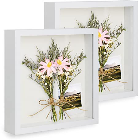 Anhow 3D Marco de Fotos 23x23 cm, 2 Piezas Multiples Marcos con Profundidad 3cm con Lámina Vaso Transparente - Blanco/ 2 Piezas