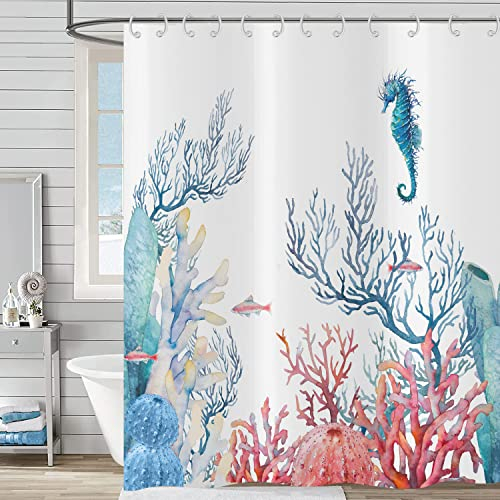 Hnmdmyi Duschvorhang Nautischer Küsten 180x200, Seepferdchen Ozean Thematische Duschvorhänge Koralle Tropischer Fisch Strand Badewanne Vorhang Wasserdicht Polyester Stoff Waschbar Badevorhang
