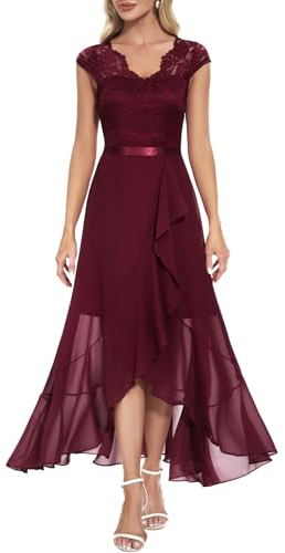 Bbonlinedress Abendkleid lang elegant Cocktailkleid V-Ausschnitt Brautkleid Chiffon Hochzeitkleid Party Winter Ballkleid Burgundy M