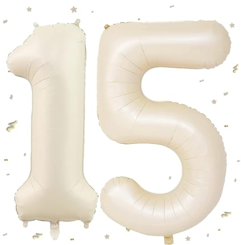 Luftballon 15. Geburtstag Beige, XXL Riesen Creme Folienballon 15 51 für Frauen,40Luftballon 15. Geburtstag,Zahlen 1 und 5 Folienballon für 15 Jahre Geburtstagsdeko Jubiläum Party Dekoration