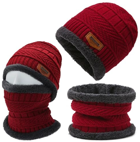 TuoFang Tuofang Wintermütze Schal Set, Winter Beanie Mütze mit Schlauchschal für Herren Damen, Fleecefutter Warme Strickmützen Herren und Loop Schal (Rot)