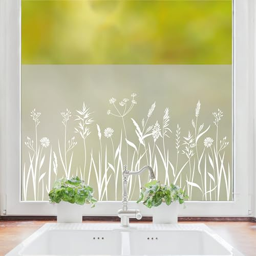 Wandtattoo Loft Sichtschutzfolie Fenster mit Blumenwiese Motiv, Florale Fensterfolie Blickdicht, Milchglasfolie Fenster, Fensterdeko selbstklebende Folie, Fenster Dekoration Gräser, Fenster Klebefolie