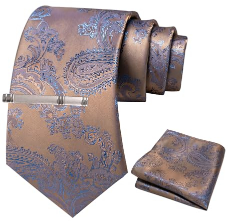 JEMYGINS Herren Paisley Krawatten set mit Krawattenklammer und Einstecktuch,Teebraune Latte-Farbe