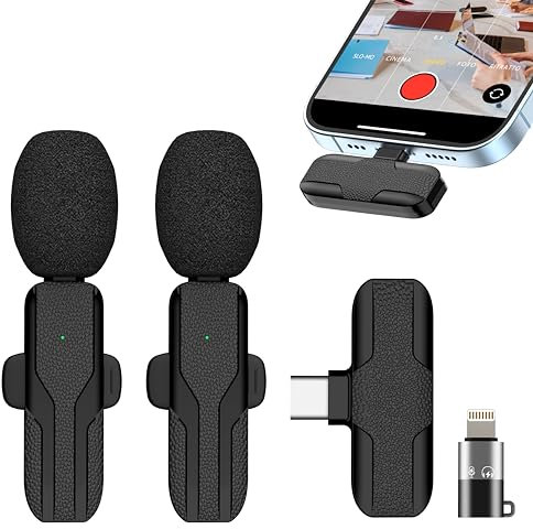 Microfono Wireless Professionali per iPhone/iOS/Androide, Plug&Play Microfono Lavalier Wireless Riduzione del Rumore, Microfono Bluetooth per TikTok,Youtube,Vlog Registrazione Video, Live Stream