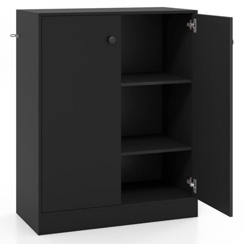 TANGZON Storage Cabinet, 2 Door Buffet Sideboard with Shelves (Black) | Anti-tipping Kit, Freestanding Wooden Cupboard Kitchen Storage Unit for Living Room Dining Room Hallway