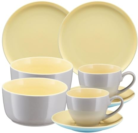 VILLA ITALIA BORNEO Stilvolles Frühstücksservice für 2 Personen in Gelb - Grau (2 Frühstücksteller - 2 Schüssel - 2 Tasse mit Untertasse) - Porzellan Geschirr Set - Tassen - Essservice - Tafelgeschir