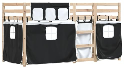 vidaXL Etagenbett, Kinderbett mit Vorhängen Leiter, Hochbett Spielbett für Kinder ab 6 Jahren, Doppel Stockbett Bett, Weiß Schwarz 90x200cm Massivholz Kiefer