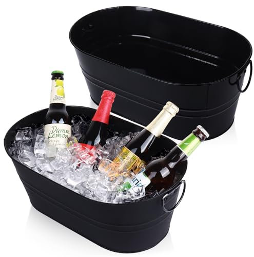 Verzinkte Wanne, Getränkewannen, 2 Stück, Metall-Eiskübel für Cocktailbar, 1,9 l, Wein, Bier, Getränkekübel mit Griffen, großer Wannenkühler, Mimosen-Bar, Zubehör, Eiskübel für Partys (schwarz)