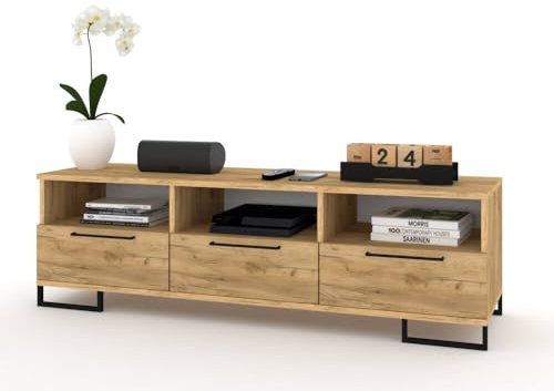 Euro Style TV-Lowboard Fernsehschrank mit Schubladen Metallgriffe und Beine Wohnzimmer Weiß Matt/Hochglanz/Schwarz/Eiche 150cm, Golden Eiche/Golden Eiche