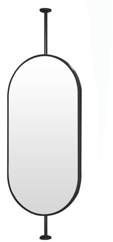 Gaommini Ceiling Mount Bathroom Mirror with Double Rods, Oval Metal Frame Vanity Mirror Decorative Hanging Rod Wall Mirrors for Living Room Hallway, Black(B,40cmx70cm)