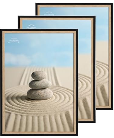 lincoolart Lot de 3 cadres photo en bois - 40 x 60 cm - Noir - 40 x 60 cm - Naturel - 40 x 60 cm - Avec verre acrylique incassable - Pour dessins d'enfants, images, affiches