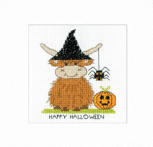 Heritage Crafts Cross Stitch Card Kit - Halloween Highland Cow