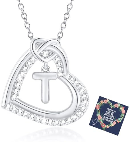 Esmoly Kette Damen Silber Necklace Women Zirkonia Herz Anhänger Kette mit Buchstaben A-Z Halskette Damen mit Kasten Geschenke für Frauen Freundin 17.2+2 Inches (Silber T)