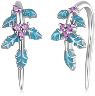 Qings Stechpalm Ohrringe für Frauen 925 Sterling Silber Klein Niedlich Weihnachten Blau Blatt Ohrstecker Dezember Urlaub Weihnachten Neujahr Schmuck Accessoire