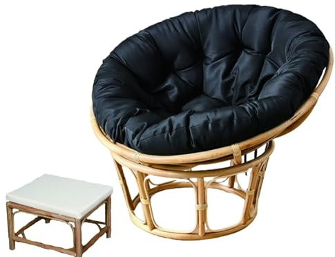MIAOMI Lazy Sofa Chair, Comfortable Saucer Chair, Wicker Papasan Chair, Round Natural Rattan Papasan Seat Chair, with Papasan Chair Cushion and Footstool, 110 * 110 * 80cm(Black)
