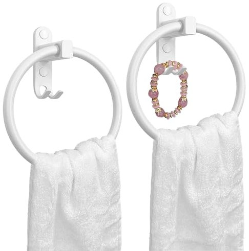 Daily Treasures 2 Pezzi Anelli Portasciugamani in Alluminio Bianco con Ganci - 16cm Anello Muro Adesivo Senza Fori per Cucina, Bagno, Doccia e Armadi