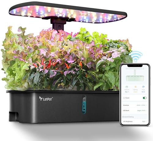 LETPOT LPH-Air - Kit di sistema di coltivazione idroponica, controllato tramite app e WiFi, intelligente da giardino interno, con spettro completo di luce da 24 W, 10 cialde, per giardinaggio, per