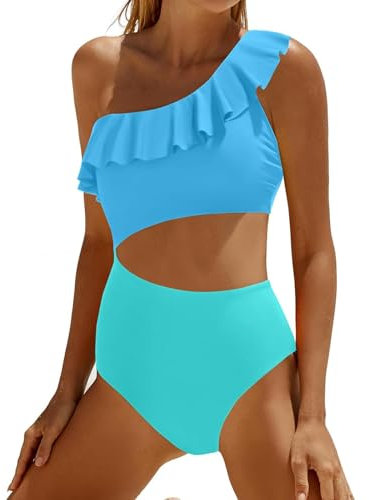 Bikini taille basse pour femme - Maillot de bain à volants - Couleur unie - Imprimé - 2 micro bikini au crochet, bleu, XL