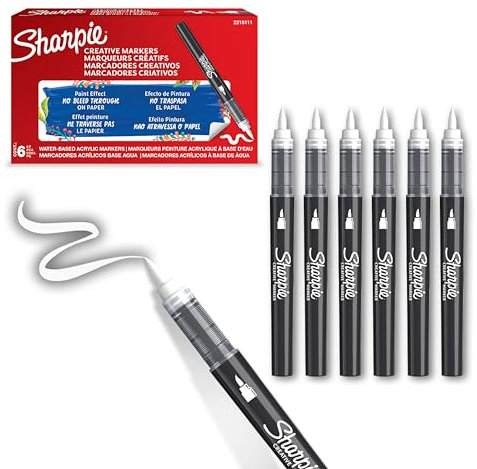 Sharpie Creative Marker Acrylic Paint Pens | Brush Tip Water-Based Paint Markers | White | No-Bleed Ink Writes on Most Surfaces | School & Revision Supplies | 6 Count
