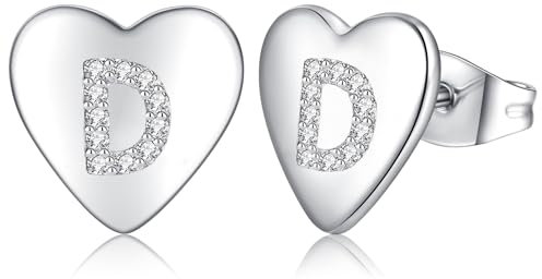 Ohrringe Silber 925 Ohrstecker Silber 925 für Damen Mädchen Kinder, Klein Herz Ohrringe Silber Buchstaben Ohrstecker mit Zirkonia, Schlafen Knorpel Ohrstecker 10mm (silber-D)