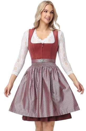 TrendiMax Damen Midi Dirndl - Elegant Samt Dirndlkleid Trachtenkleid für Oktoberfest mit Blumenmuster Schürze 34-46