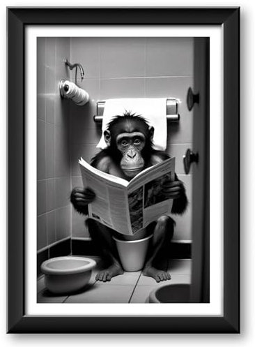 Zamety Poster Humoristique Pour WC, Affiche Decoration Murale en Toile, Decoration Salle de Bain - Poster 30x40 cm Sans Cadre Photo, Chimpanzés Marrant Assis dans les Toilettes Lisant le Journal