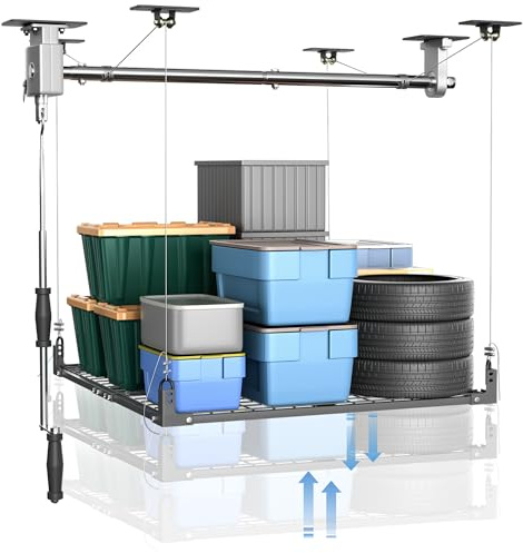 Jowkou Overhead Garage Storage Lift | Garage Ceiling Storage Rack | 4x4FT Heavy Duty Adjustable Hanging Storage with 400lbs Capacity for Organisation System for Workshops, Basements