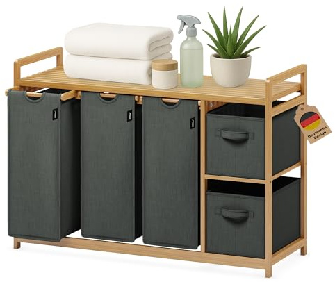 XMHome Wäschekorb 188L mit 3 Wäschesäcken & 2 Aufbewahrungsboxen,Bambus | 5 Fächer Wäschesortierer mit Bambus Regal, Wäschesammler für Bad, Schlafzimmer & Waschküche,Dunkelgrau