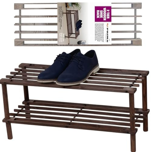 HomeVibe 2-Tier Shoe Rack – Dark Oak Wooden Shoe Storage Shelf Organiser 74 x 29.5 x 26.5cm – Compact Freestanding Shoe Stand for Hallway, Entryway & Bedroom – Easy Assembly (41317C)