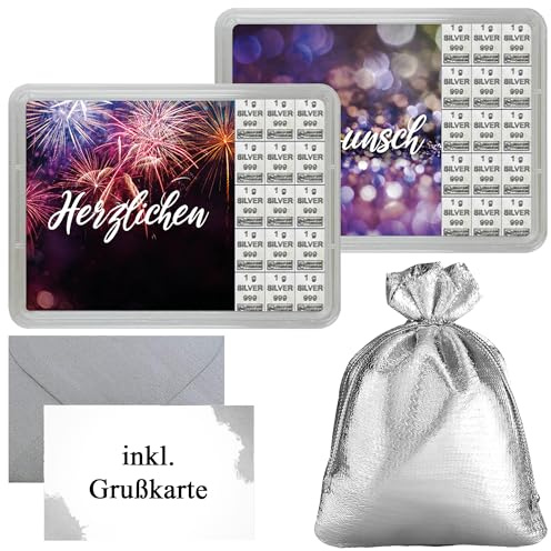 Silberbarren „Herzlichen Glückwunsch“ in Flip-Motivbox – Feinsilber 999 CombiBar – Geschenkset mit Grußkarte – mit Echtheitsgarantie von Silberstücke24 (15g Silber)
