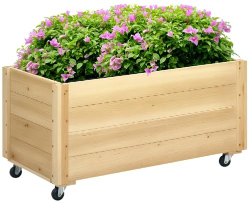 Outsunny Hochbeet Pflanzbeet mit Rollen Massivholz 89x48x47cm Naturholz | Frühbeet Gartenbeet Blumenkasten, Pflanzkasten Pflanzkübel, für Garten Terrasse, Blumenkübel für Kletterpflanzen Blumen