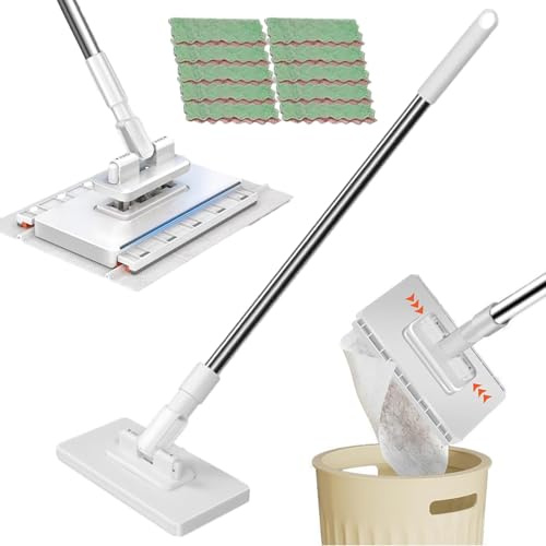 Hands-free Cloth Changing Mini Mop Disposable Dust Mop with Reusable Cloths Lazy Mop Clip on & Rotating Head for Floor Wall Bathroom Kitchen (100cm/10 Reusable)