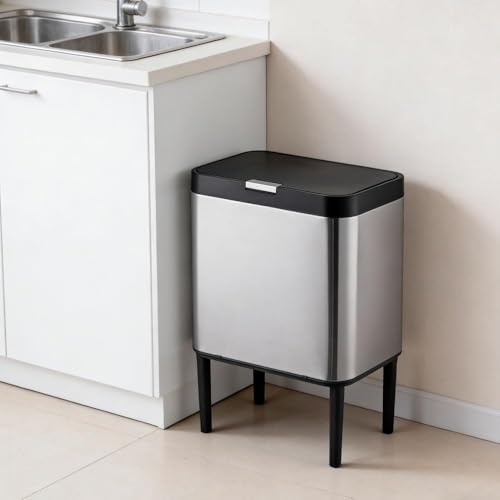 ZUNIK 30L Kitchen Bin Stainless Steel with Lid, Push Button Waste Bin, Odour Seal, Freestanding Modern Trash Can for Home & Office