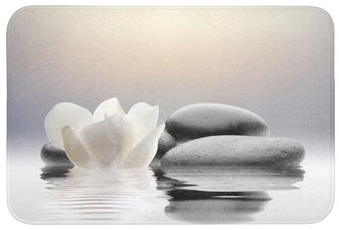 OnlyWow© Tapis De Douche Bain Decoration Absorbant Antidérapant Lavable Non | 90x60 cm - Rectangulaire - Slip Bath Mat Accessoire Baignoire Pierres - Lotus - Blanc - Eau - Zen