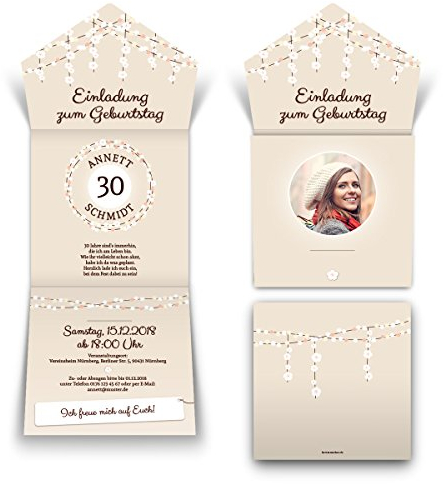 20 x Lasergeschnittene Geburtstag Einladungskarten Einladungen - Lichtgirlande Beige