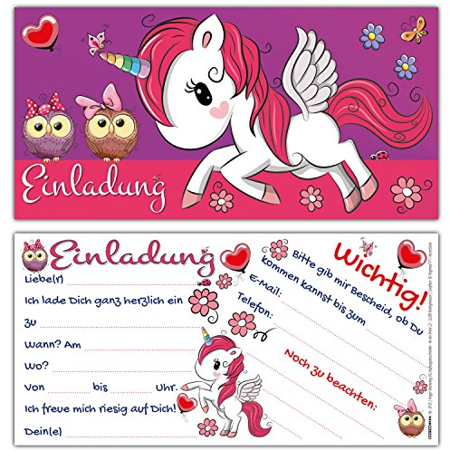 12 Einhorn Einladungskarten im Karten-Set zum Kinder-Geburtstag - Gaststars: 2 süße Eulen - Einladungen für Mädchen Geburtstags-Party von BREITENWERK