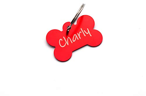 CopterFarm Hundeknochen, Haustier, Hundemarke mit Gravur beidseitig inkl. Schlüsselring | Knochen | Anhänger, ID Tag Hund, Adressschild, Adressmarke, Adressanhänger für Hundehalsband | Rot